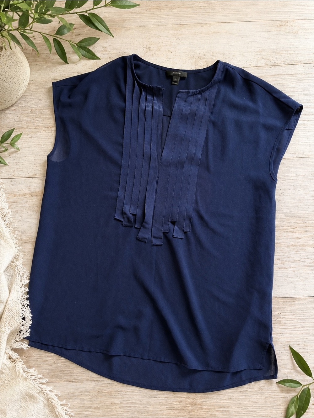 J.Crew Navy Pleated Fringe Tunic Blouse Size 6 Tall